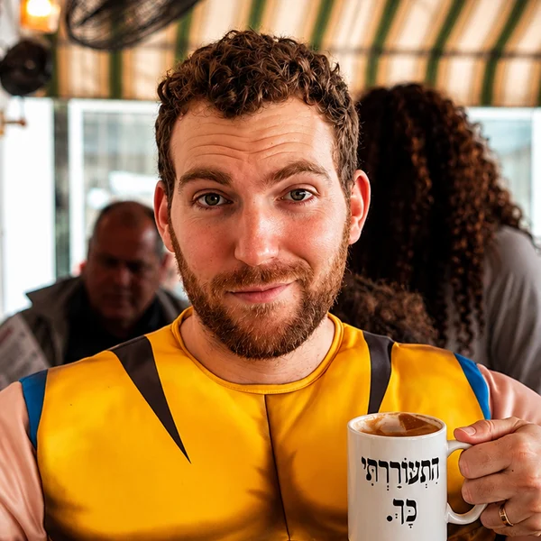 Omer in a Wolverine costume, holding a coffee mug and smirking